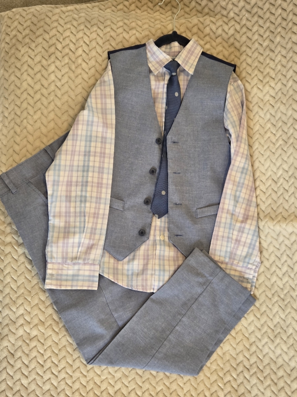 Boy's Light Gray Linen-Blend Blazer with Pastel Plaid Shirt Size 10